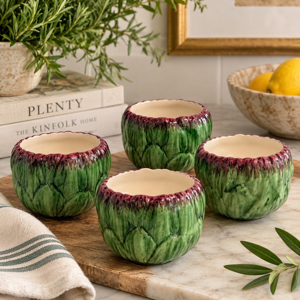 Vintage Sur La Table Artichoke Bowls Set of 4 Green Majolica Portugal Ceramic